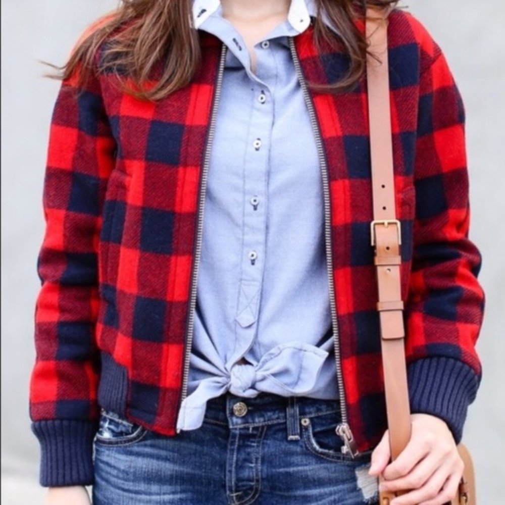 $250 J.Crew Red Buffalo Check Bomber Jacket, Sz 8